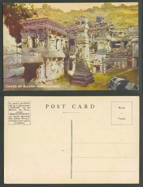 India Artist Drawn Old Postcard CAVES of ELLORA Bombay Indes Temple Ruins, OCEAN