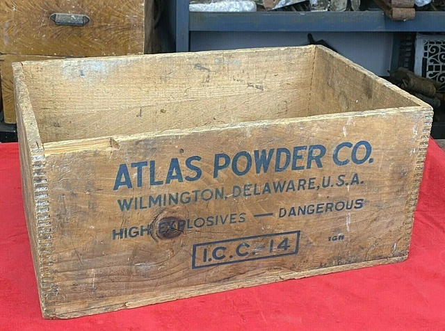 Vintage ATLAS POWDER Wood Box ~ EXPLOSIVES, Blue Branding 4 Sides, Finger Joints