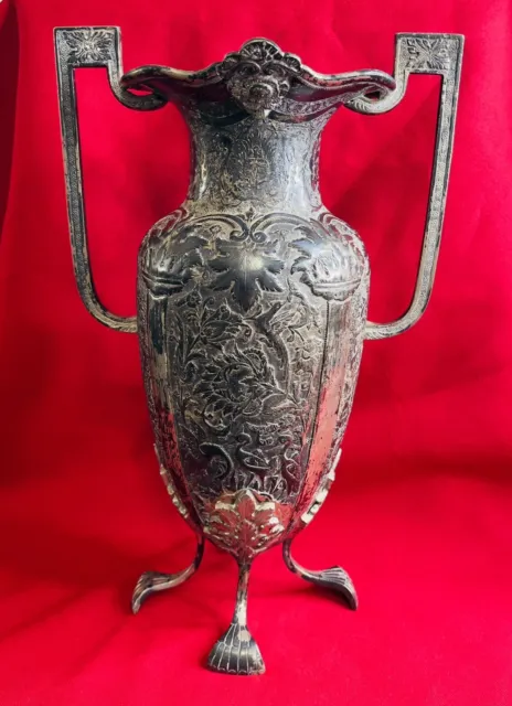 Large Twin-Handled Antique Islamic Ottoman / Persian Repoussé Silver Vase 12.5”