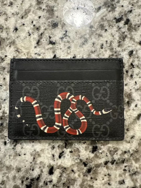 Gucci Black Leather Kingsnake Print GG Card Holder Wallet Authentic