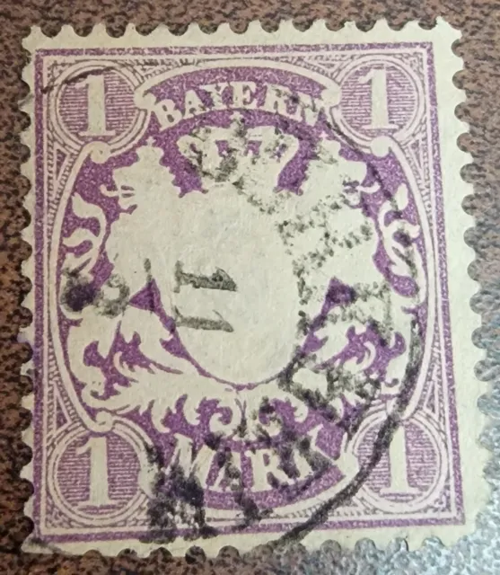 German Empire Bavaria Bayern 'Coat of Arms' 1 Mark Violet Postmark Postage Stamp