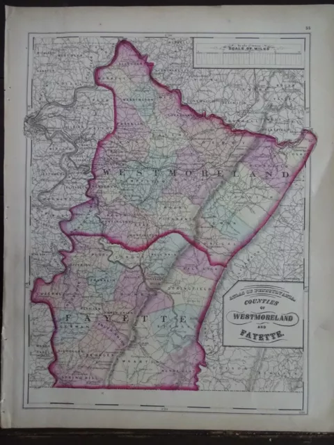 1872 Hand-Colored Map of PA/Counties of Westmoreland and Fayette