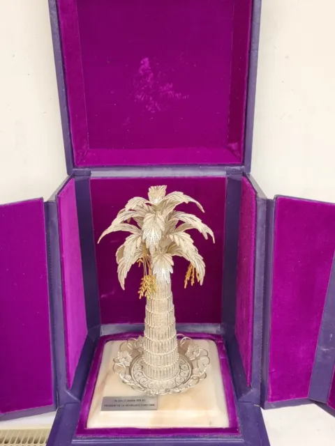 LARGE ARABIC ISLAMIC SOLID SILVER GILT FILIGREE PALM TREE on MARBLE BASE w/ BOX