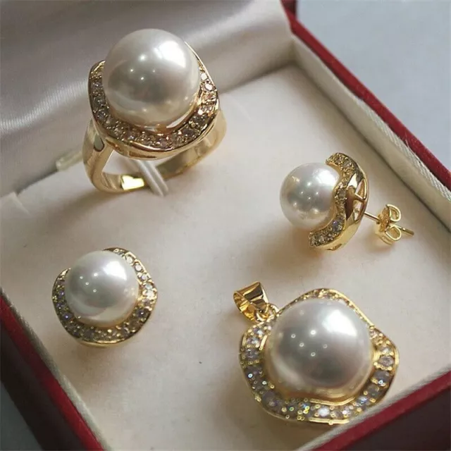 18K Gold Women's Round Shell Pearl Jade Jewelry Set Plated Necklace Earring Ring