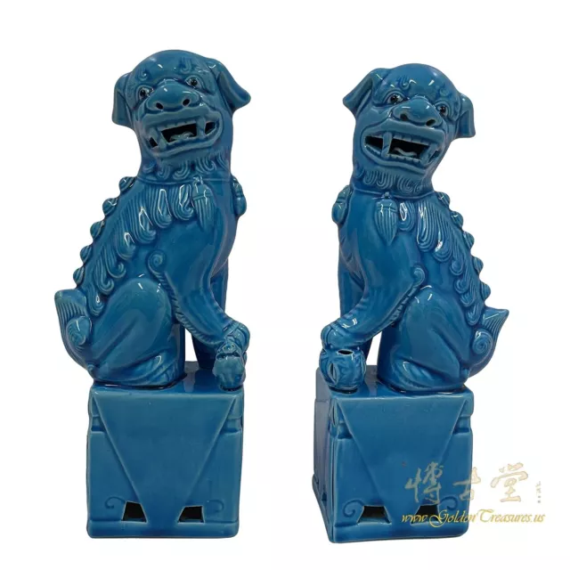 Vintage Chinese Porcelain Turquoise Foo Dog Figurines - a Pair