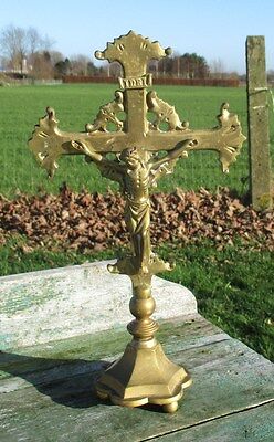 Antique Art Deco Brass Jesus Christ Standing Table  Cross Crucifix  Memento Mori