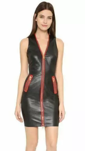 Women Real Leather Mini Black Slip Dress With Zipper & Zip Pockets For Club Wear