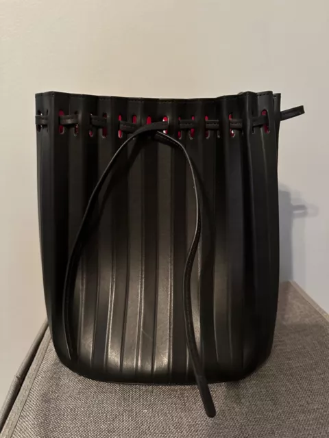 MANSUR GAVRIEL BLACK Leather Pleated Bucket Bag / Fuchsia Pink Interior ...