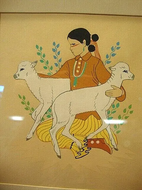 H. Begay Artist, Native American Navajo Girl with Sheep, Framed Silk Screen