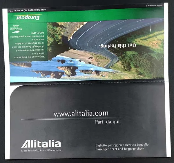 ALITALIA Airlines ticket jacket cartella biglietto 2004 pubblicità Europcar AD