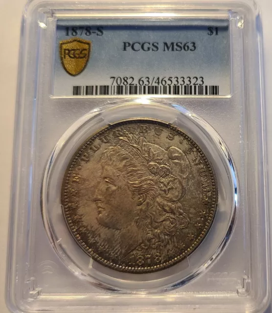 1878-S Morgan Silver Dollar MS63 (PCGS). Gold Shield Golden Rainbow Toning