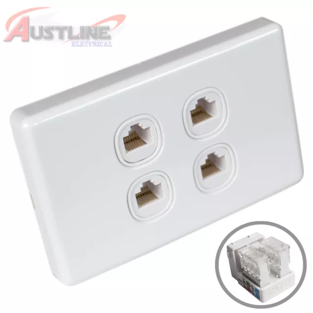 4Gang Network Cat6 Wall Plate Clipsal Style 4Port RJ45 LAN Jack +C-Clip Aw4C90