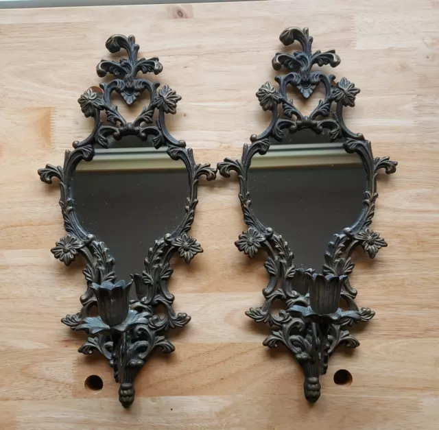 Pair of Vtg Ornate Cast Metal Matching Wall Candle Holders w/ Mirrors Taiwan