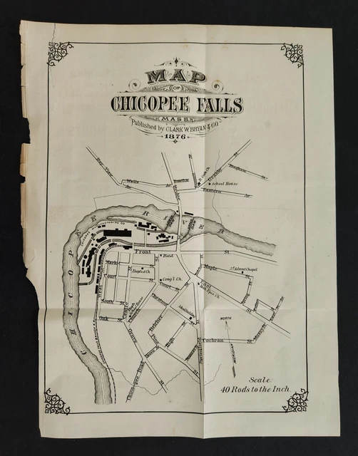 1876 antique CHICOPEE FALLS ma MAP foldout likely from directory