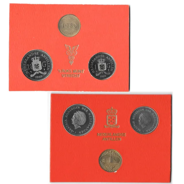 NETHERLANDS ANTILLES  1 & 2-1/2 GULDEN MINT YEAR SET 1980 2 Coins + Token B8