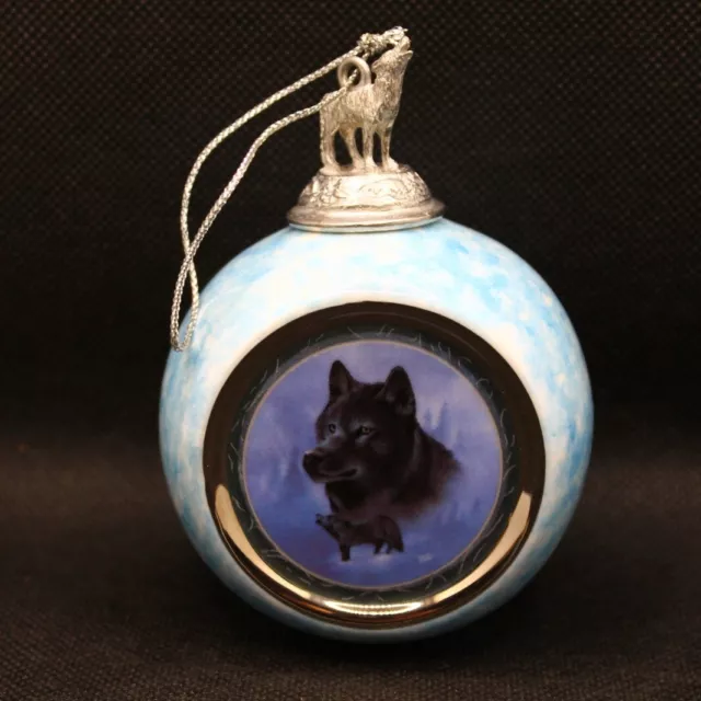 Vintage 1997 Bradford Exchange Black Knight Wolf Glass Blue Ornament 89631