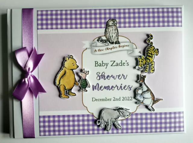 Clásico Personalizado Winnie the Pooh niña púrpura baby shower libro de visitas, regalo