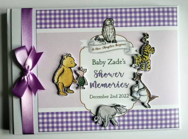 Personalised Classic Winnie the Pooh girl purple baby shower guest book, gift