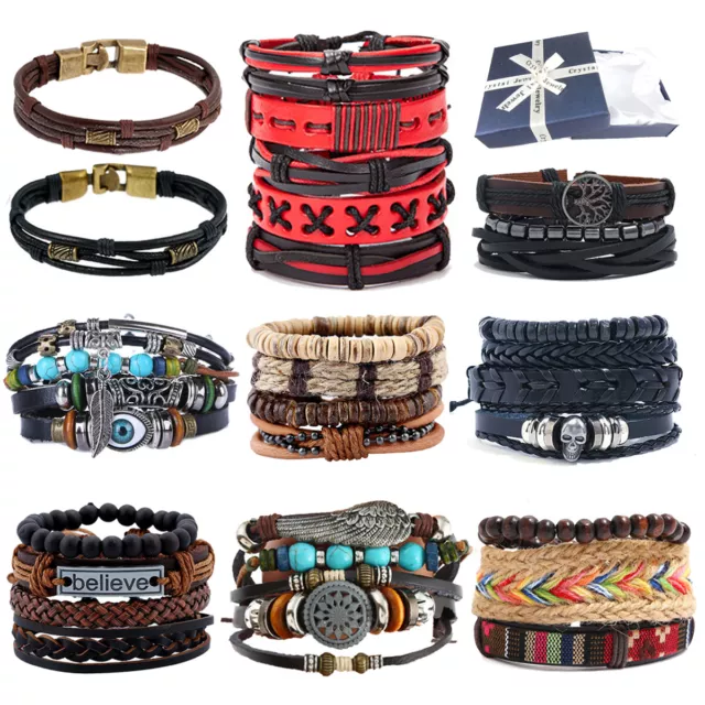 Mens Real Leather Bracelet Wristband Bangle Beaded Braided Surfer Wrap Gift Box 2