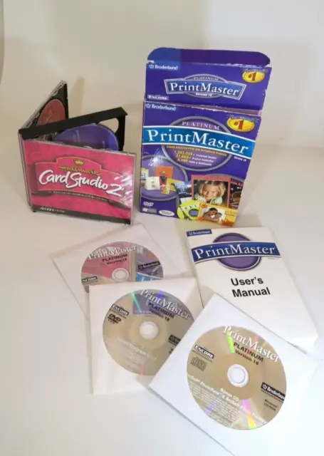 PrintMaster Platinum Ver 18 and Hallmark Card Studio 2 DVD PC ROM Disks Lot of 2