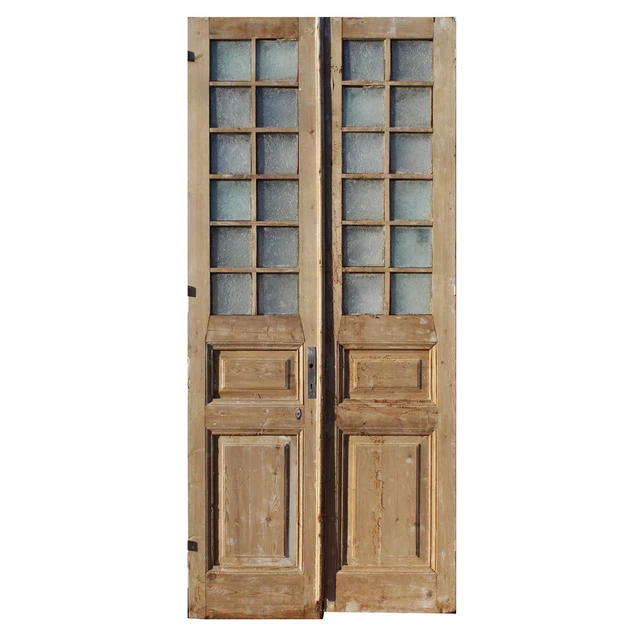 Pair of Antique 42" French Double Doors, Textured Glass, NED2191