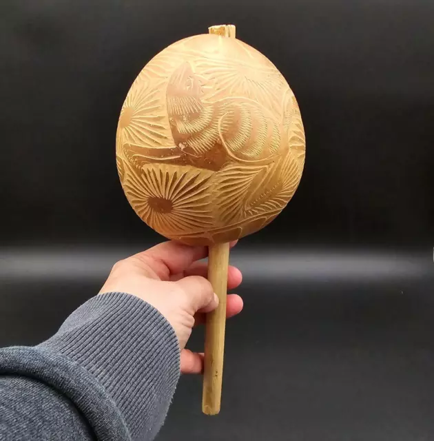 Vintage Mexican Folk Art Carved Jicaro Wood Seed Gourd Maraca Handmade