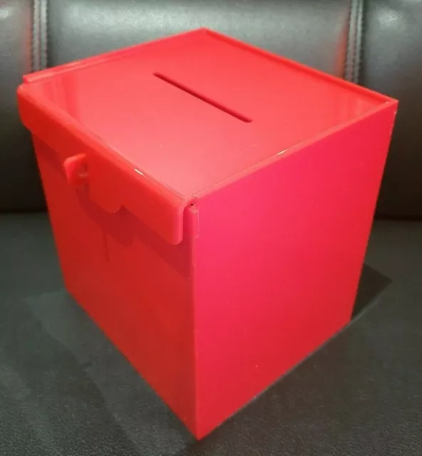 *RED* Lockable Donation Box-Ballot Box-Suggestion Box-Tips-FB Acrylic Slide Top