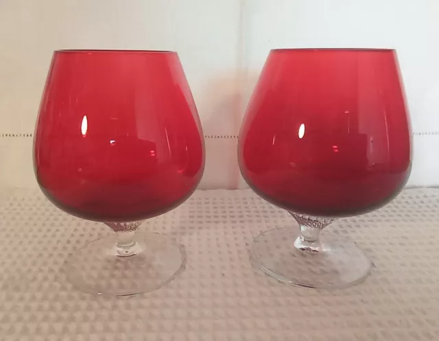 Beautiful Pair Of Vintage Red Brandy Balloon Glasses