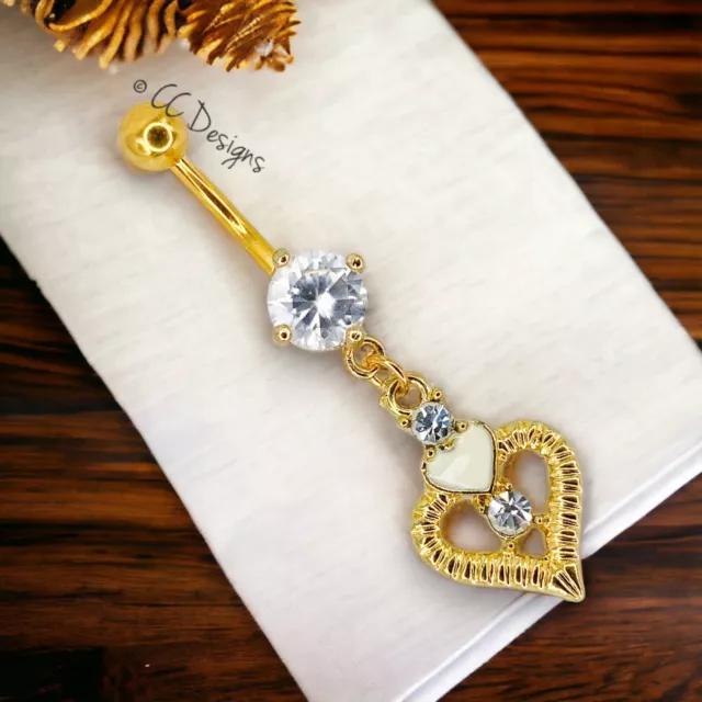 14g Gold IP front prong white sparkle cz dangle white cz heart belly ring B533