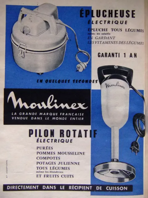 Publicité 1958 Moulinex Eplucheuse Et Pilon Rotatif Électrique - Advertising
