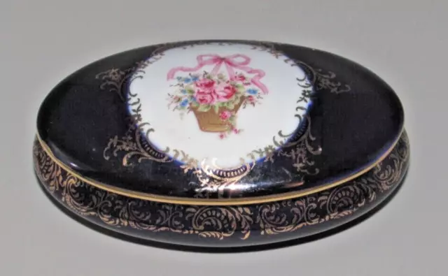 Vintage Oval Trinket Box Cobalt Blue Floral 22k Gold Trim Limoges Castel France