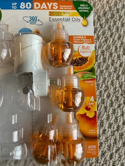 Air Wick Plug in Scented Oil Refills 4 ct Hawaii Essential Oils with 1 warmer