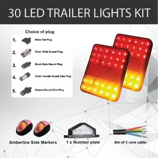 2 x 30 LED TRAILER LIGHTS KIT, Trailer Plug, CABLE, Side Marker, No. Plate Light