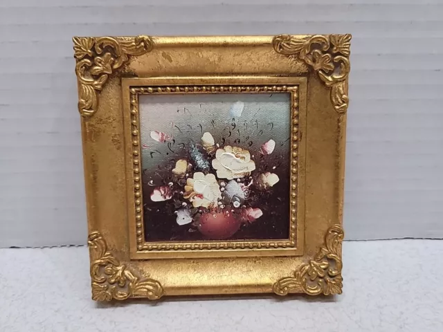 Miniature Oil Painting Floral Still Life Gold Tone Frame 4" x 4" Back Hanger