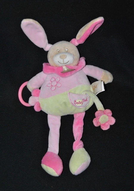 Peluche Doudou Lapin Rose Vert BABY'NAT BABYNAT Fleur Hochet Anneau 28/37Cm NEUF