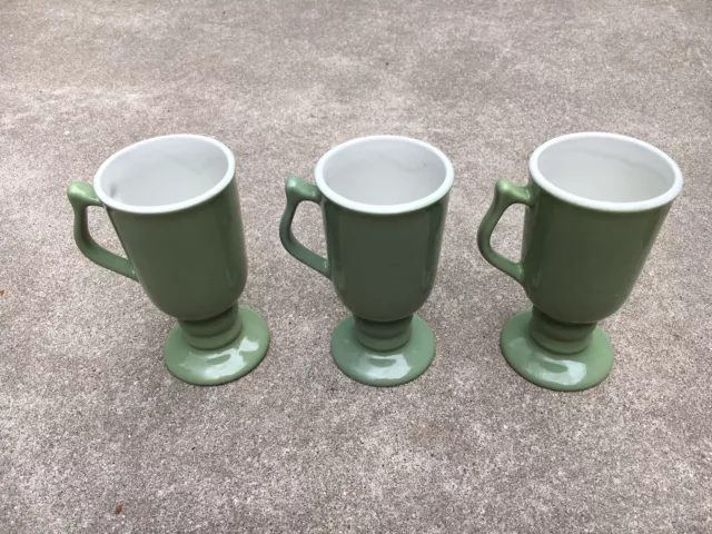 Vintage Hall Pottery Set of (3) GREEN Pedestal Mugs Irish Coffee 1272 USA White