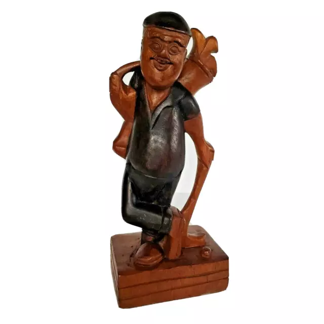 Vtg Hand Carved Wooden Golfer Statue Trophy Figure, Old Wood Sports Sculpture