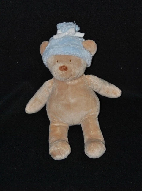 Peluche doudou ours NICOTOY brun beige bonnet bleu 26 cm TTBE