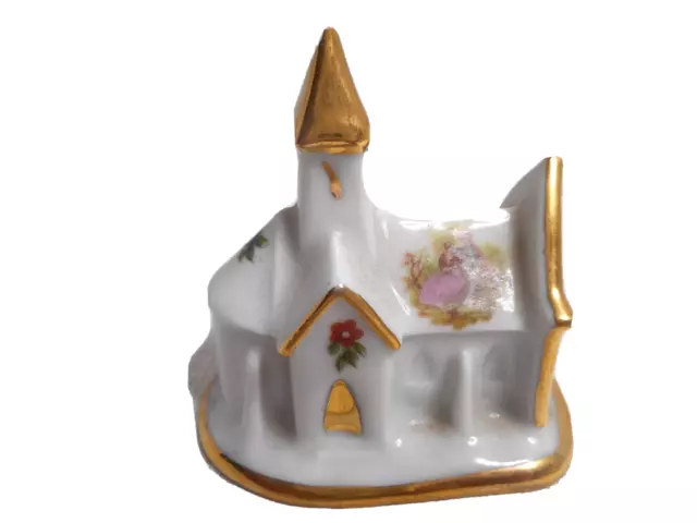 Limoges Castle White & Gold Porcelain Miniature Church Sculpture Courting Couple