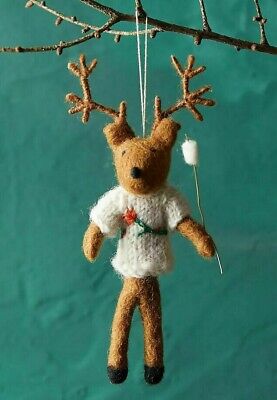 Anthropologie Felted Wool Campfire Deer Ornament in Sweater w/ Marshmallow NEW