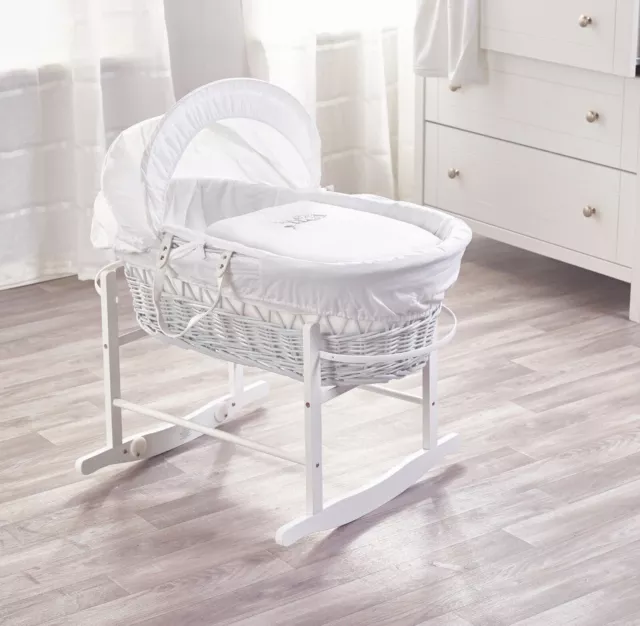 Sleepy Little Owl White Wicker Moses Basket and White Rocking Stand And Mattress