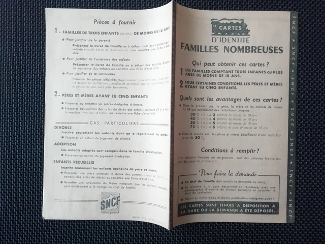PROSPECTUS DÉPLIANT SNCF - Cartes d'identité FAMILLES NOMBREUSES - 1954
