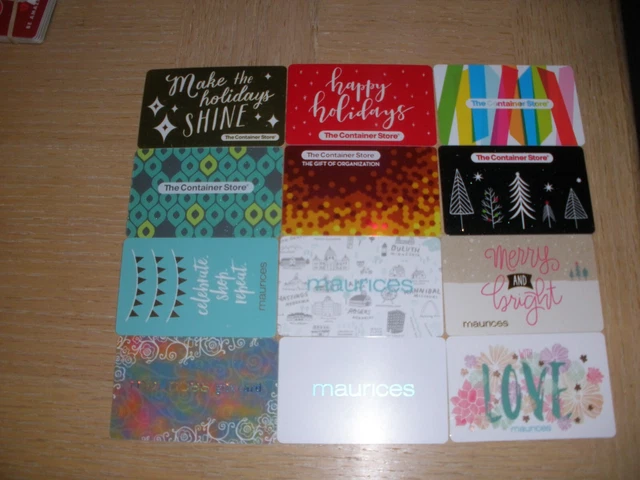 Maurices/Container store   12 different new and used collectible gift cards