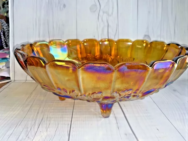 Indiana Glass Iridescent Carnival Vintage, Amber Harvest Grape Footed Fruit Bowl