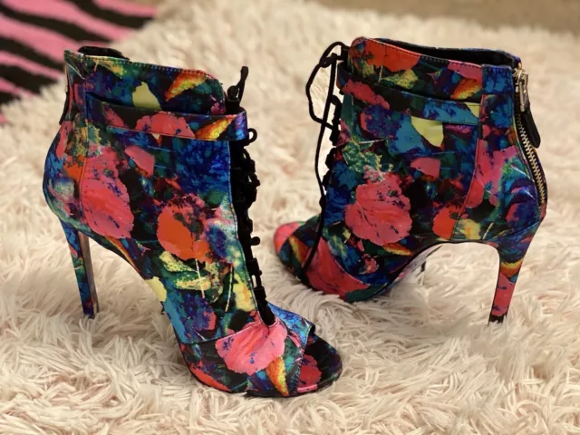 Brian Atwood Lindford Floral-Print Satin Bootie Size 8.5 Neon