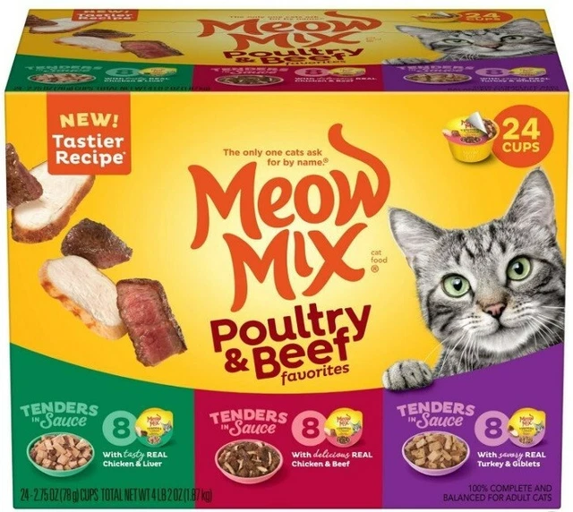 Comida húmeda para gatos con deliciosos sabores mezcla de maullido - tazas de 2,75 oz / paquete de variedades de 24 quilates
