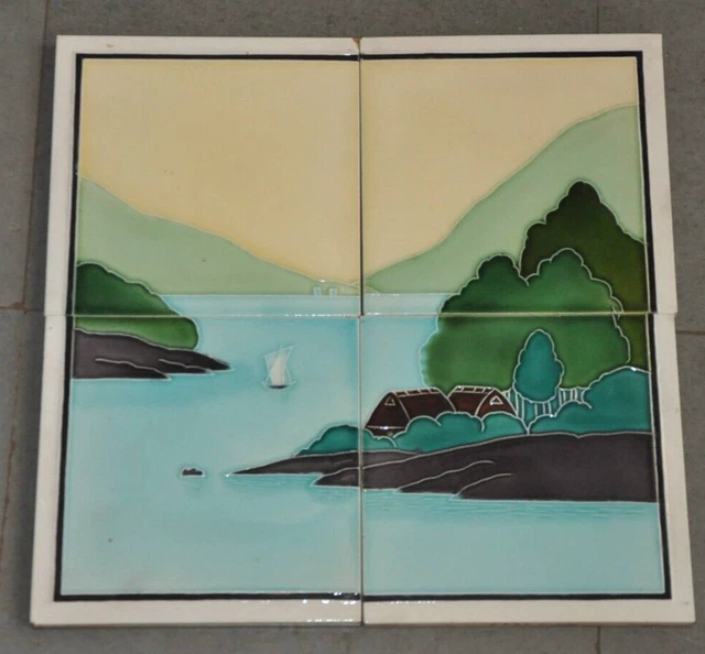 4 Pc Vintage Colorful Natural Scenery Embossed FM Fish Mark Ceramic Tiles,Japan