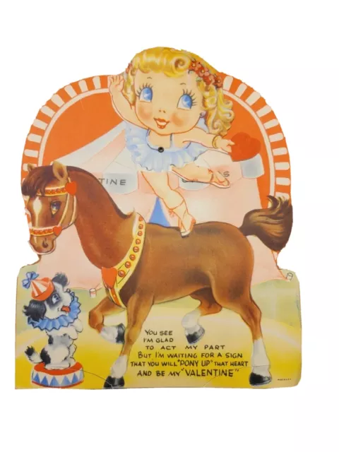 Unused Vintage 50’s Valentine Greeting Card Pretty Little GIRL Circus 🎪 Horse