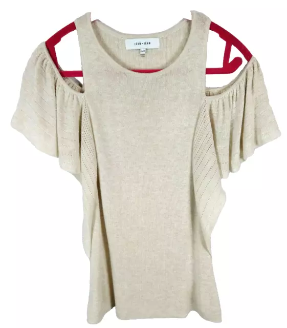 John + Jenn Womens Size XS Top Knit Cold Shoulders Casual Ruffles Beige