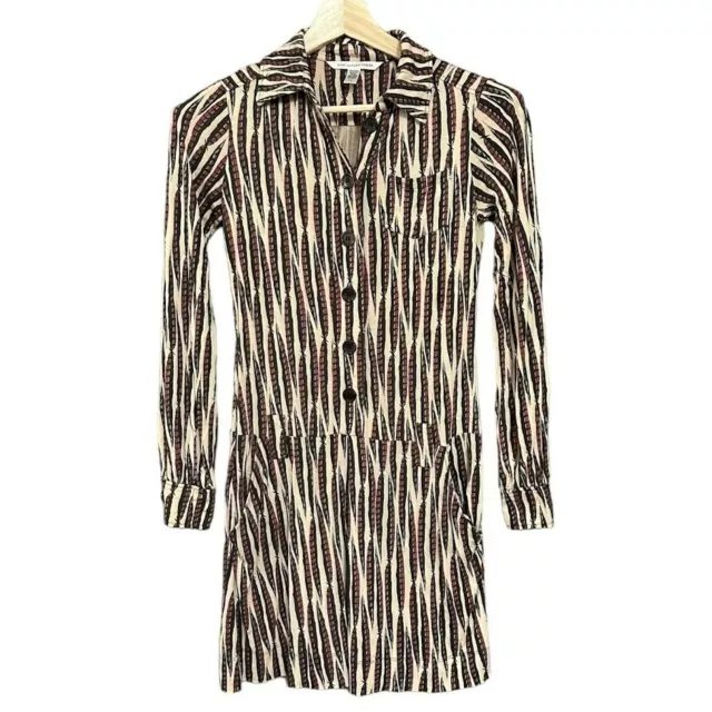 Diane von Furstenberg 100% Silk Tan Feather Pattern Button Long Sleeve Dress 4